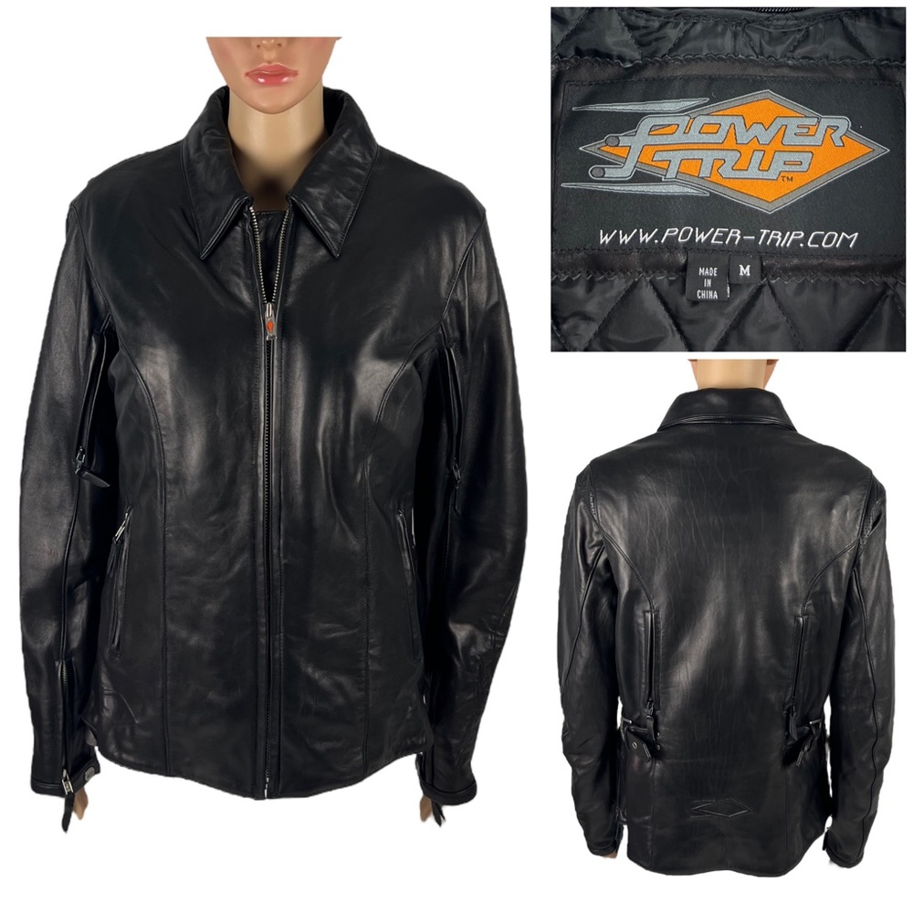 Power Trip Womens Medium Jacket 100% Leather Black Full Zip Moto Zippers Liner